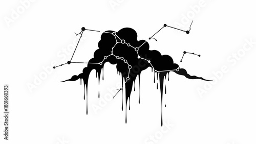Abstract dark cloud with connected nodes and dripping effect, symbolizing connection or data flow