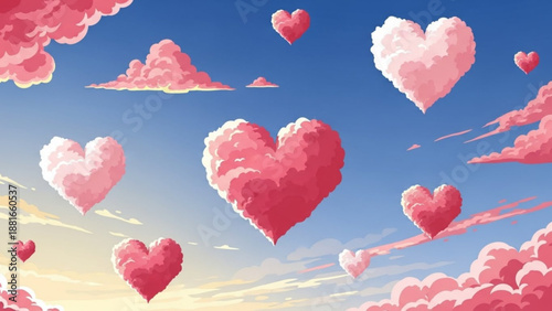 A vector graphic illustration of pink heart-shaped clouds floating in a blue sky