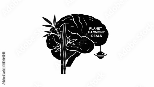 A symbolic brain illustration with bamboo and a small planet, representing harmony and growth.