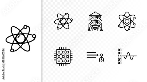 Set of 6 Minimal Quantum Computing Icons Isolated White Background Qubit Processor Wave