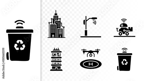 Set of 6 Minimal Smart City Life Icons Isolated White Background Skyscraper Delivery Robot Drone Taxi