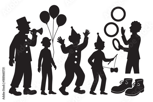 Silhouettes of festive circus performers and party elements creating a playful scene