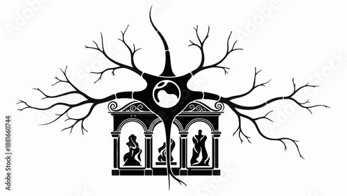 Abstract neuron structure with classical architecture and chess pieces, symbolizing thought and strategy.