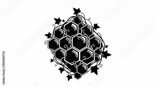 Abstract cluster of glossy hexagons with swirling ivy vines
