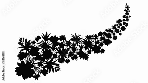 Abstract organic silhouette of diverse tropical plants flowing in a graceful curve