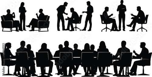 Meeting and discussion icon set, black silhouette illustrations, seated and standing figures, teamwork and communication theme, vector graphics