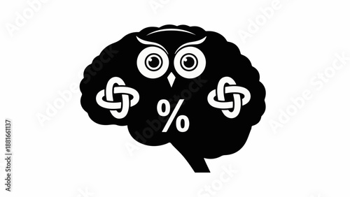 Wise owl with knotty arms and percentage symbol inside a brain silhouette, symbolizing intelligence and complex thinking.