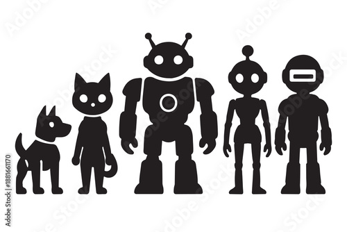 A diverse collection of black silhouette robots and pet icons standing together.