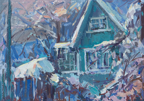Wallpaper Mural Snow-covered rural house gouache painting. A vivid hand-drawn illustration. A beautiful fabulous blue house covered with snow on the roof, gate, trees. The concept of rural life, comfort and privacy Torontodigital.ca