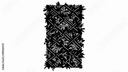 Intricate dark floral pattern with geometric overlay, creating a rich textured background.