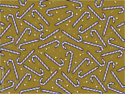 Seamless candy cane pattern with repeating striped sweets on warm mustard background. Festive holiday illustration with scattered confection elements and soft contrasting colors. Ideal for Christmas.