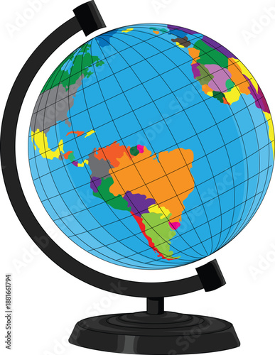 Colorful world globe illustration with black stand, showing unlabeled geographic map. Highlights South America, Africa, and parts of Europe and North America. Latitude and longitude lines are clearly 