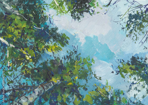 Wallpaper Mural Birch crown sky gouache painting. Bright natural artistic background for postcards and design. The modern art of painting. Hand-drawn illustration. A clear summer day in the park. Tree crowns, clouds Torontodigital.ca