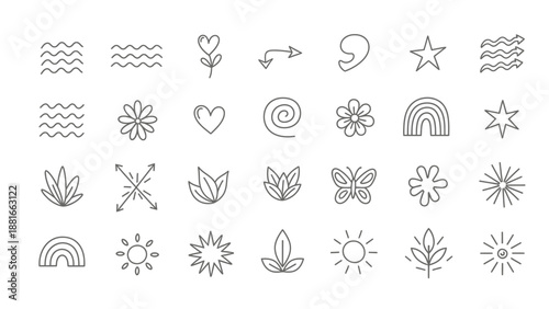 Collection of Hand-Drawn Doodle Icons: Nature, Symbols, and Abstract Elements