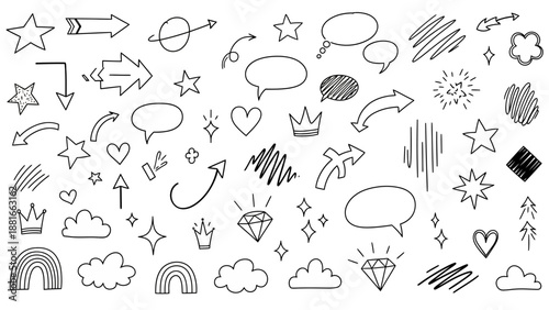 Collection of Hand-Drawn Doodle Elements and Symbols on White Background