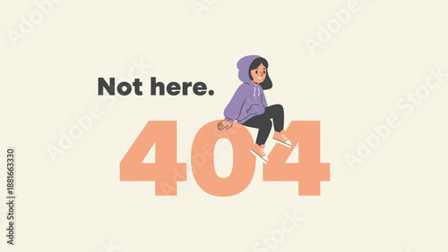 Modern 404 Error Page Design: Not Found concept with smiling girl in hoodie sitting on the number. Website link broken illustration.