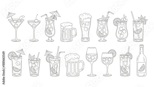 Collection of Hand-Drawn Cocktails and Drinks Illustrations with Ice and Garnishes