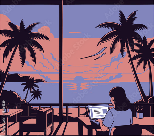 A woman works on her laptop at a beachside cafe during sunset
