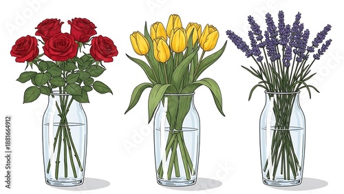 Colorful bouquet of roses, tulips and lavender in glass vases