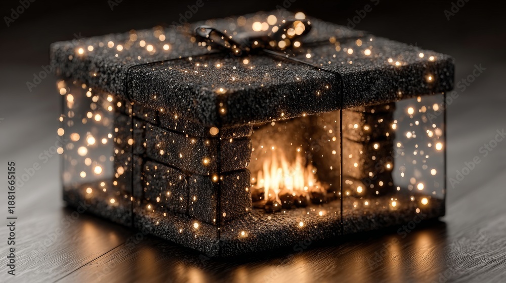 Obraz premium Surreal 3D render of a gift box containing a glowing fireplace and fairy lights. Perfect for holiday blogs, cozy lifestyle websites, or Christmas marketing campaigns.