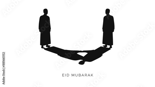 Elegant Eid Mubarak illustration in black and white featuring two standing human silhouettes connected through shadow and reflection, symbolizing unity, respect, and togetherness during the Islamic fe