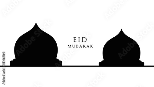 Minimal black and white Eid Mubarak illustration featuring abstract human silhouettes positioned on opposite sides with central text emphasis. The design uses symmetry and negative space to symbolize 