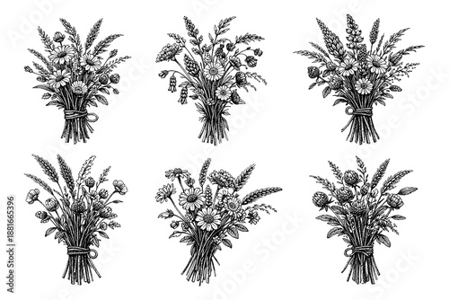 Vintage floral bouquets collection with detailed botanical sketches