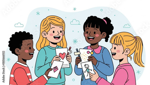 Diverse group of children showing handmade drawings celebrating creativity and friendship perfect for educational or community projects