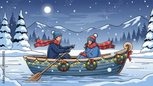 Couple in a rowboat on a frozen lake at night decorated with Christmas lights and wreaths winter wonderland scene