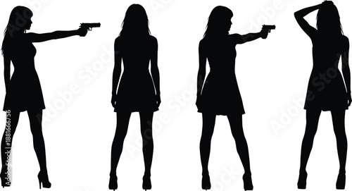 Four women silhouettes with guns in different poses