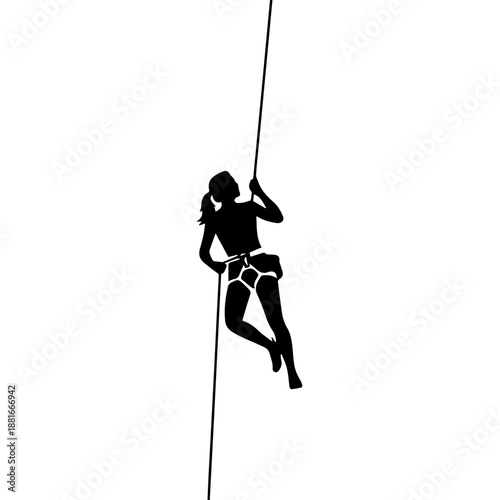 Black silhouette of female climber on rope. Woman rappelling with harness vector illustration. Isolated sport icon