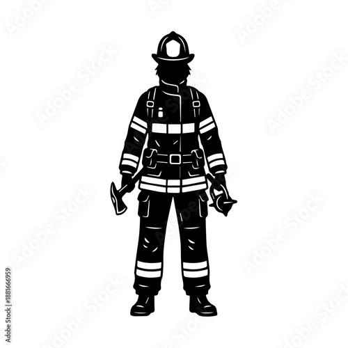 Firefighter silhouette vector icon. Emergency rescue worker in uniform with axe and helmet. Black glyph illustration isolated on white