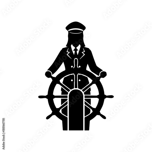 Black silhouette of female ship captain at helm. Nautical vector icon isolated on white background. Woman steering boat symbol