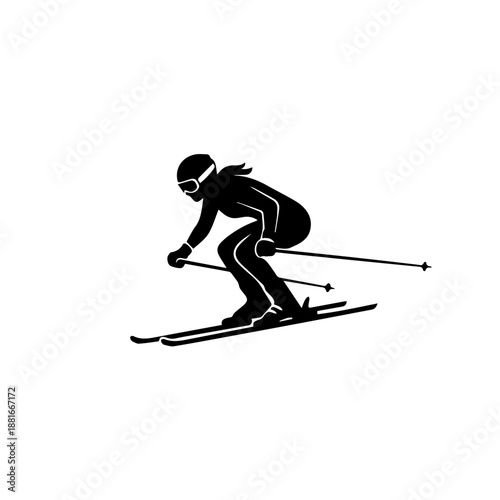 Female skier silhouette racing downhill. Winter sport vector icon. Solid black shape illustration of woman skiing isolated on white background.