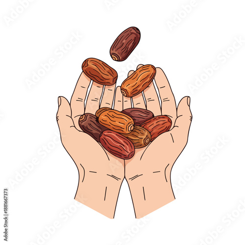 Hands holding a generous handful of delicious, ripe dates, with a single date falling from above, representing nourishment and harvest