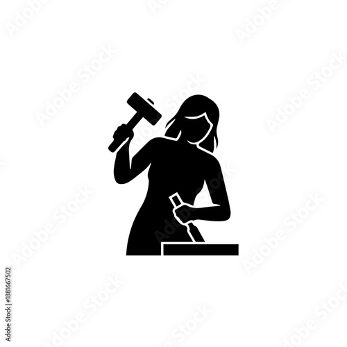 Woman sculptor using hammer and chisel silhouette. Minimalist vector icon of female artisan carving wood or stone. Solid black shape isolated on white background