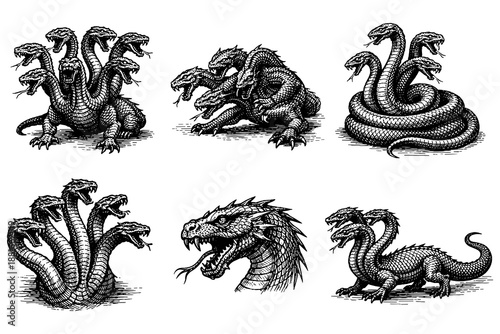 Intricate mythical hydra creatures in vintage engraving style