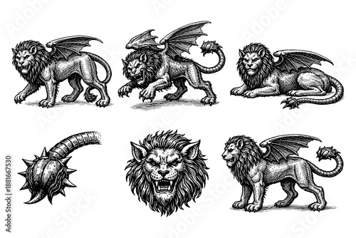 Mythical winged lion creatures: vintage fantasy beast designs in detailed ink art