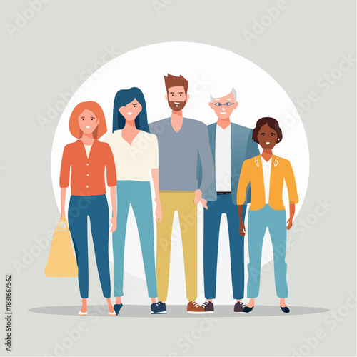Stylized Diverse Group of People Standing Together Vector Illustration