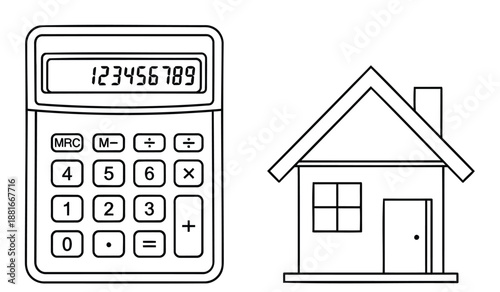 Calculator and house icon for finance mortgage and property investment concepts