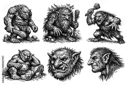 Hand drawn mythical trolls: intricate black and white fantasy creatures in various poses
