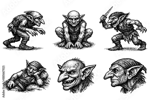 Detailed ink drawings of goblins in various poses and expressions