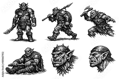 Detailed black and white fantasy orcs in dynamic poses