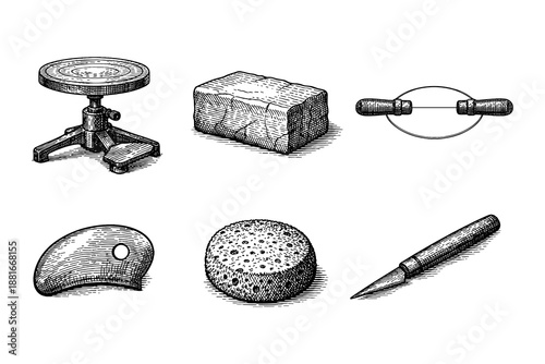 Vintage pottery tools set: clay, wire cutter, turntable, and more