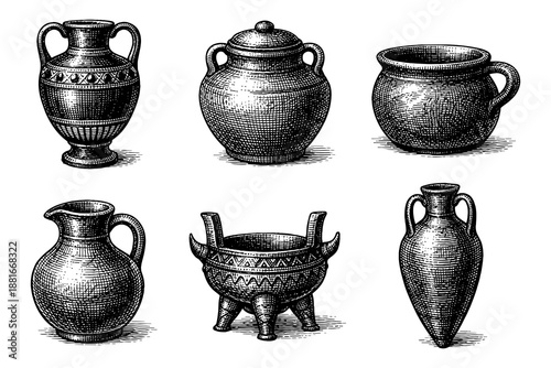 Vintage engraved pottery collection: antique amphoras and jugs with intricate patterns