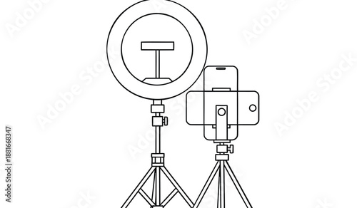 Smartphone and softbox lighting setup for photography on tripods indoors