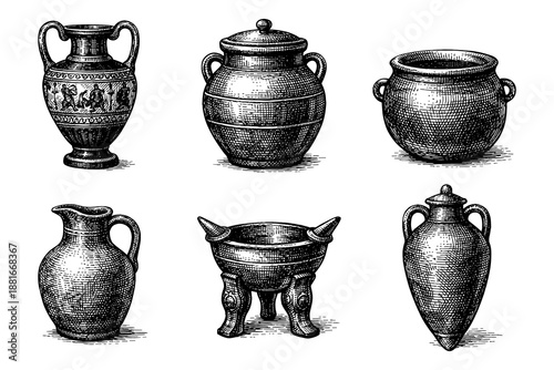 Detailed antique vessel collection: vintage ink drawings of classical pots and urns