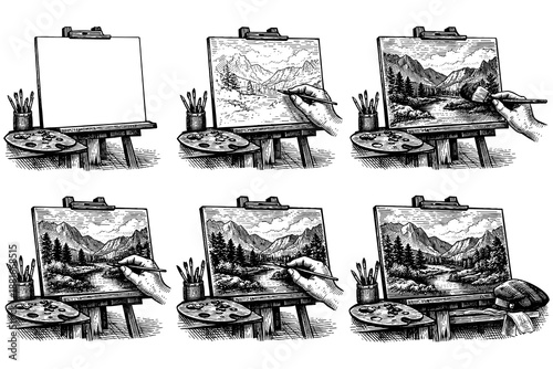 Step by step hand-drawn process of painting a scenic mountain landscape
