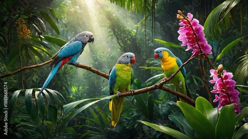 Vibrant parrots perched on a branch amidst lush greenery and blooming orchids in a tropical rainforest