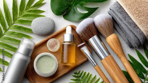 Obraz flat lay of cosmetic testers, brushes and skincare products on store counter, retail display, beauty and personal care concept, modern cosmetics store interior